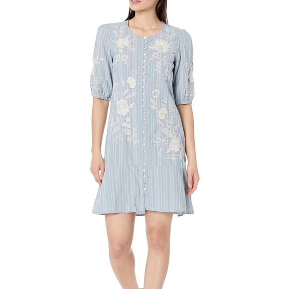 Johnny Was Osiris Puff-Sleeve Buttoned Minidress - Denim Blue - Size Large - Picture 1 of 8